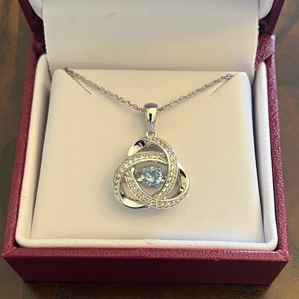 New Helzberg Diamonds Blue Topaz & Diamond Love Knot Sterling Silver Necklace